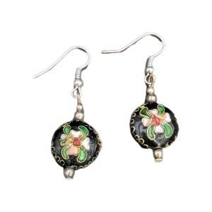 Vintage Cloisonne Black Enamel Dangle/Drop Earrings Pink Flower Bead